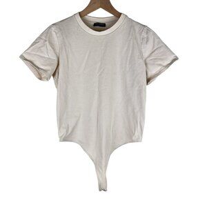 Naked Wardrobe Cream Crew Neck Short Sleeve Cotton Bodysuit
